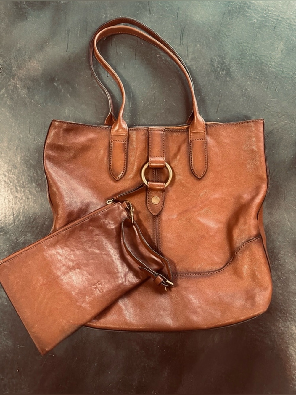 Frey Leather Ring Tote Cognac + Wristlet wallet Cognac New $590